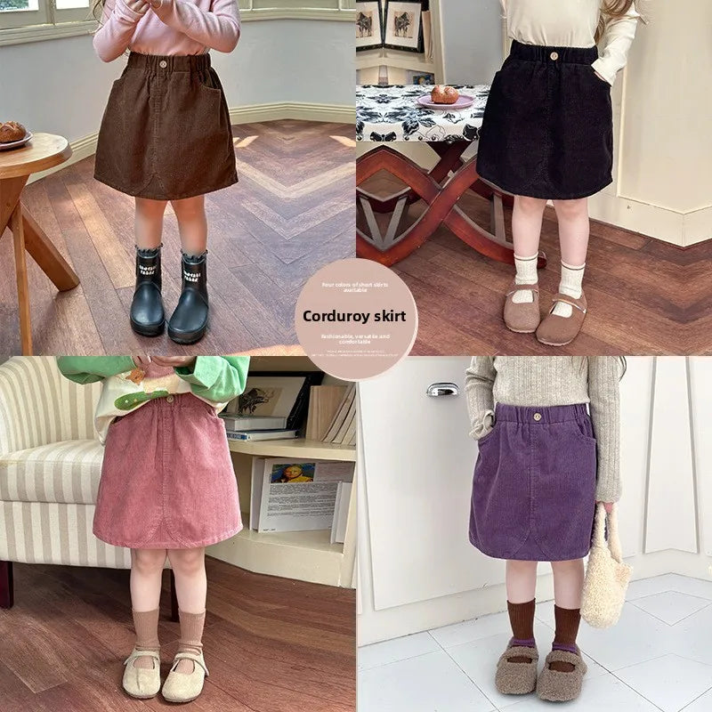 2025 Spring Children's Soft Pit Strip Cotton Corduroy Half Length Skirt for Girls Autumn Fashionable Versatile Short Skirt 2-16Y