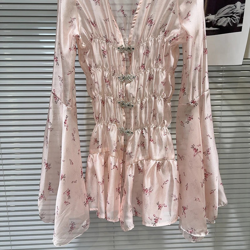 DEAT Fashion Women's Rhinestone Button Floral Pattern Flared Sleeve Chiffon Dress Elegant Holiday Dresses Female 11A04065