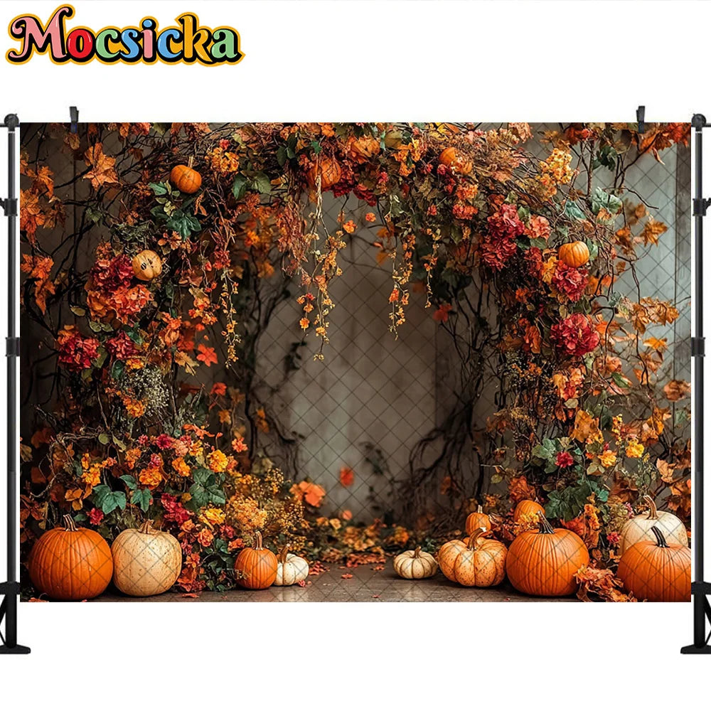 Mocsicka Photography Backdrop Autumn Pumpkin Maple Leaves Decoration Fall Portraits Photo Supplies Backgrounds For Photographs