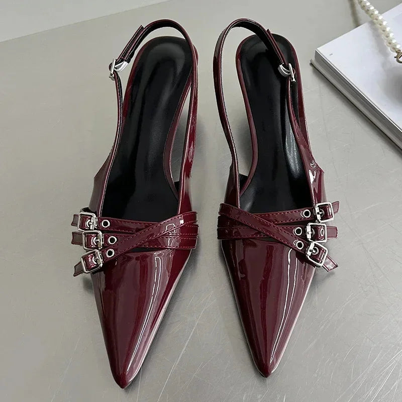 Summer New 2025 Women Sexy Party Punk Gothic Pointed High Heels PU Leather Casual Bar Striptease Ladies Sandals Beach Slippers