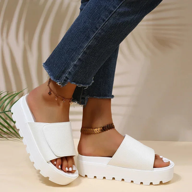 Rimocy Black PU Leather Platform Slippers Women Plus Size 43 Thick Soled Sandals Woman 2025 Summer Non-slip Slides Shoes Female