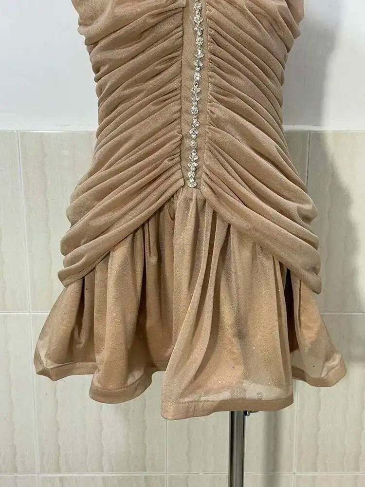 DEAT Women's Slim Dress with Diamond Folds & Zipper - Sleeveless Round Collar Summer Style