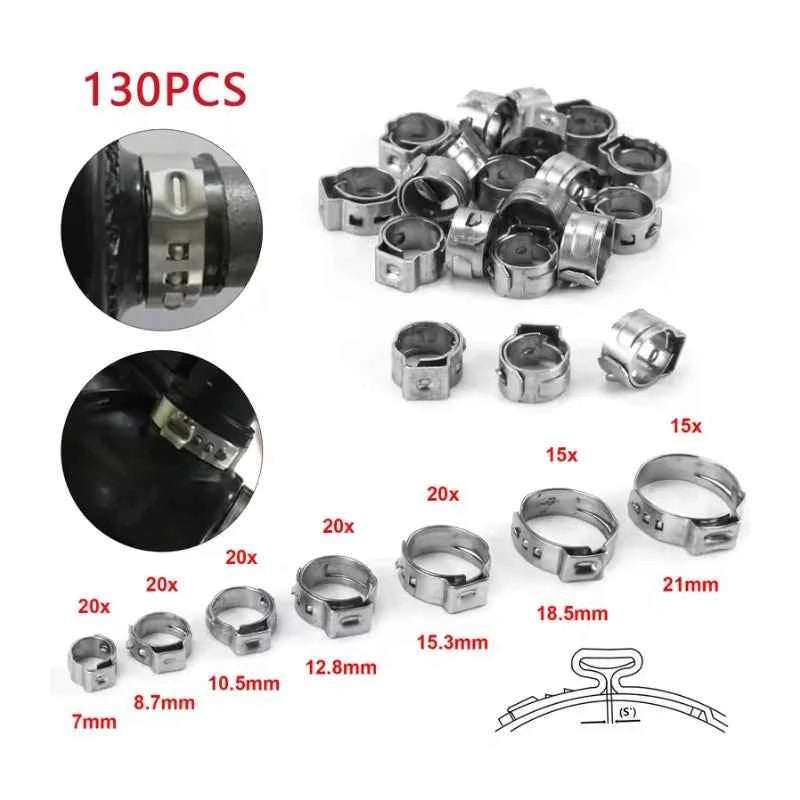45/80/130pcs Stainless Steel Ear Clamps, Worm Drive Hose Clips, Fuel & Water Pipe Clamps + 1pc Clamp Pliers