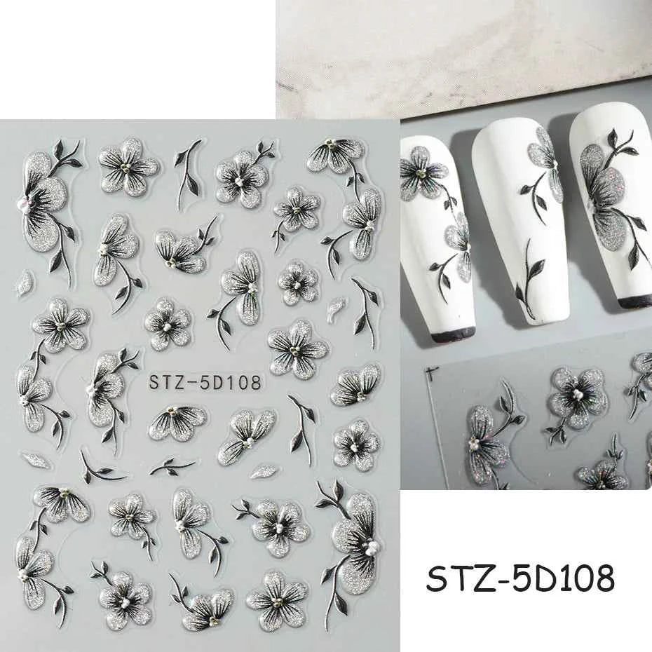 Daisy Dreams Nail Stickers - 5D White Flower & Bee Design, Self-Adhesive Acrylic Decals for DIY Manicure Magic