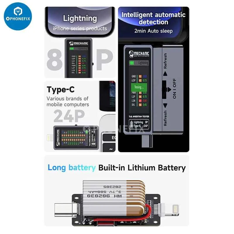 Mechanic T824 Type-C & Lightning Tail Insertion Tester for iPhone, iPad & Android - Fast, Accurate Connectivity Check