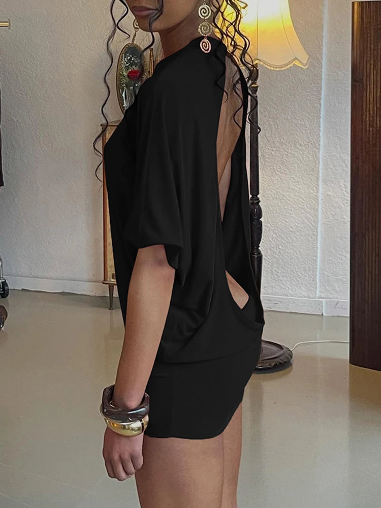 Whatiwear Y2K Solid Style Mini Dress Women o-Neck Half Sleeve Sexy Backless Spicy Girls Street Fashion Skinny Stretch Outfits