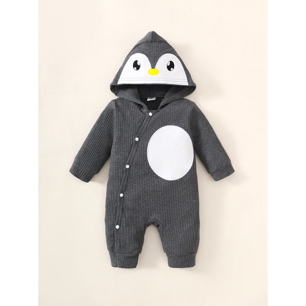 0-6 Months Baby Boy Cute Penguin Hooded with White Small Circle Single-Breasted Bodysuit Dark Grey Long-sleeved Romper Pajamas