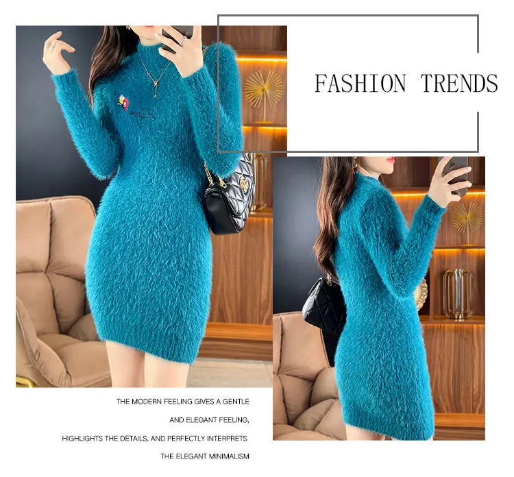 Imitation Mink Fleece Autumn Winter New Plush Slim Sweater Dress Solid Half High Neck Mid Length Embroidered Knit Bottom Dresses
