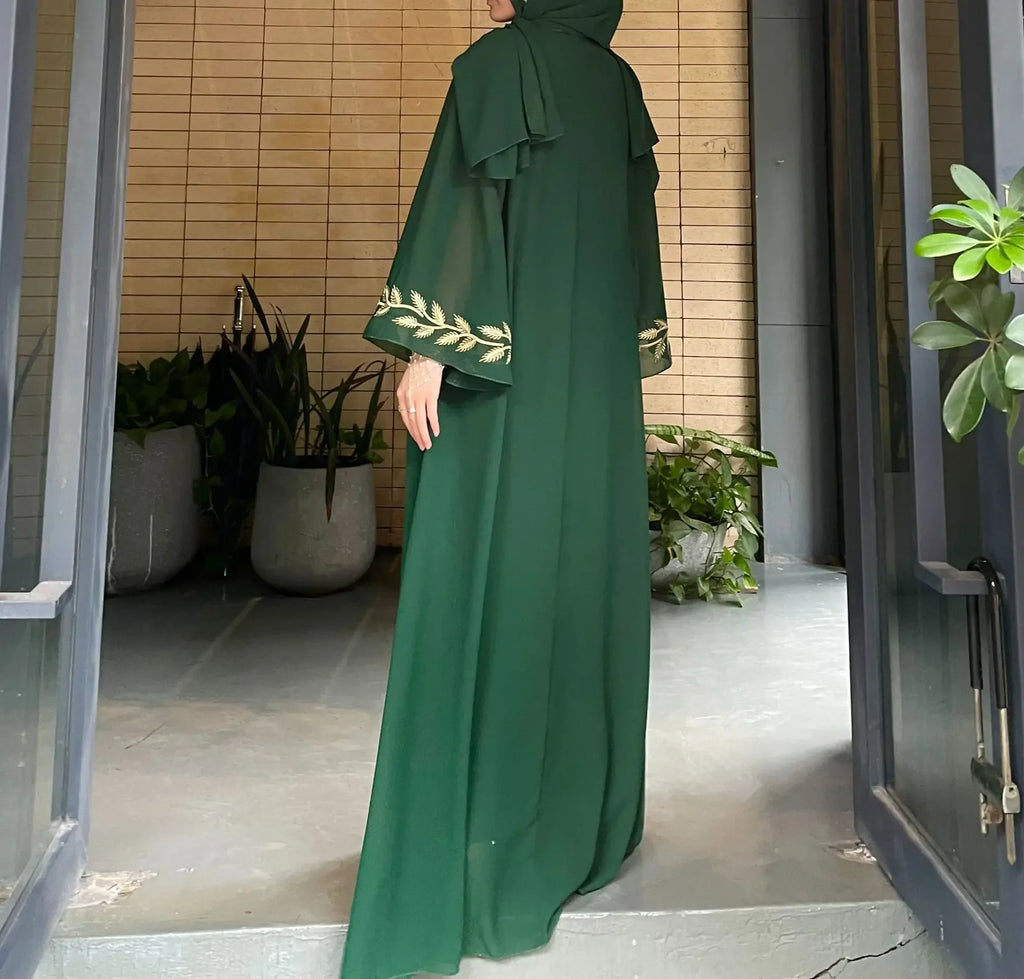 Women's Embroidery Abaya with Scarf – 2-Piece Muslim Dress Set