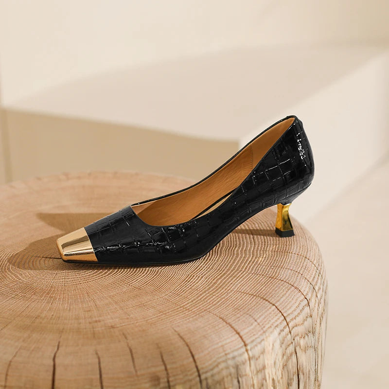 【JOCHEBED HU】Brand New Shoes Metal Square Toe Women Pumps Patchwork Genuine Leather Thin High Heels Ladies Footwear Plus 34-43