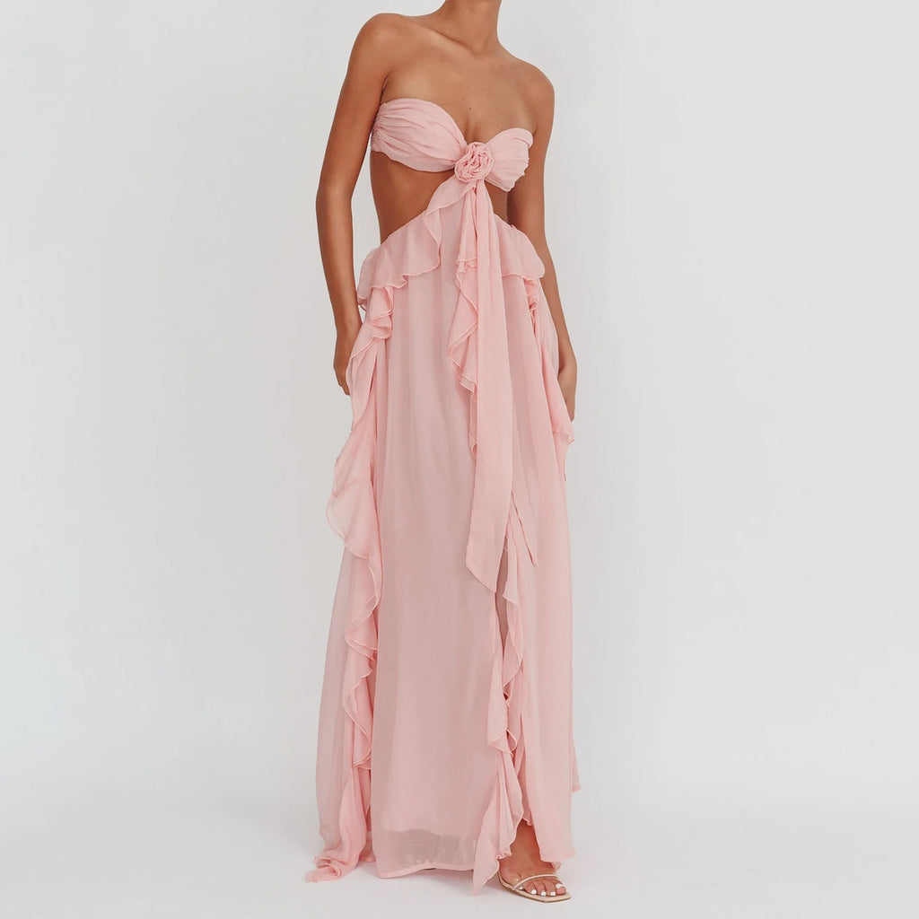 Luxury Women's Holiday Cutout Ball Gown Sleeveless Tie Back Solid Color Ruffle Long Dress Summer Party Dress