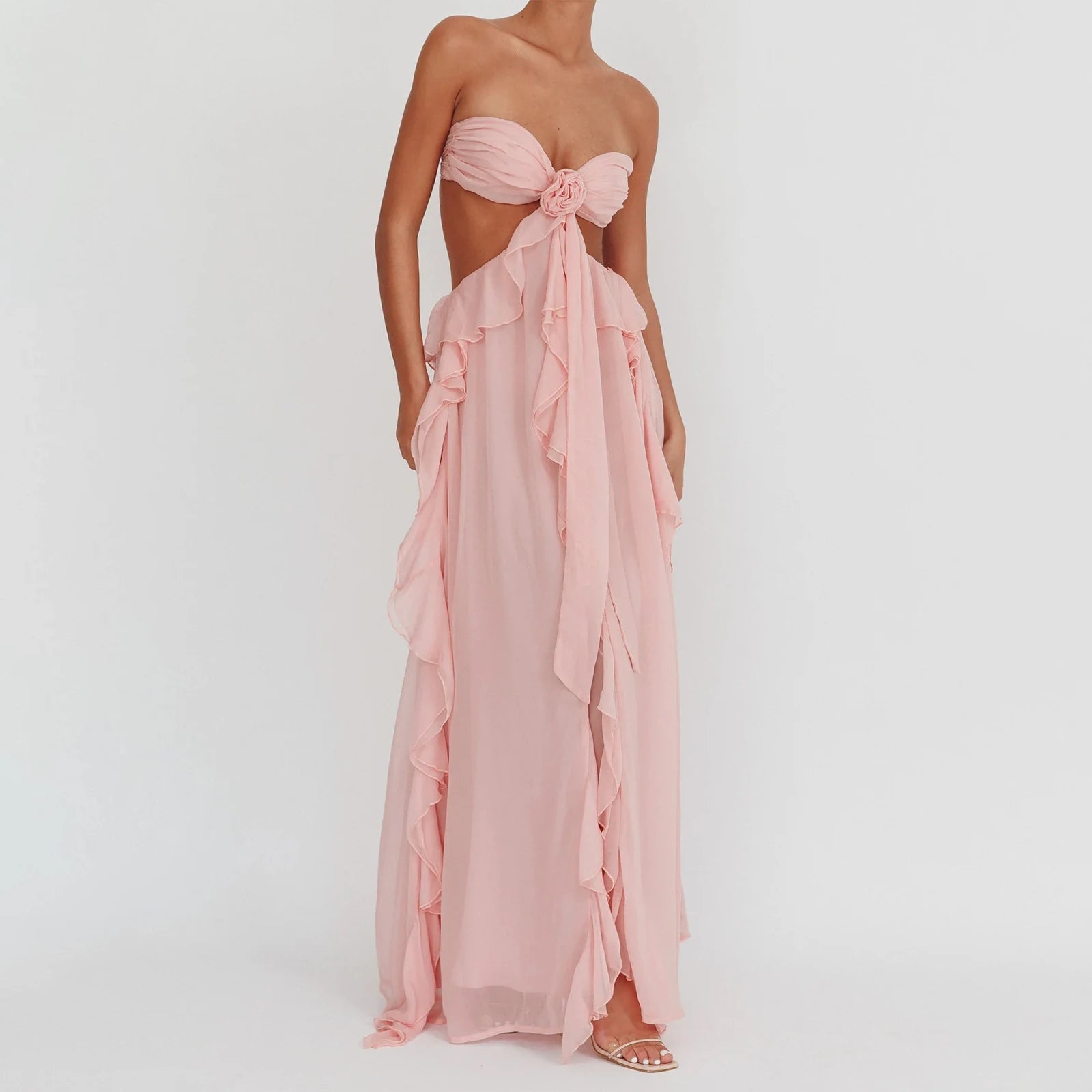 Luxury Women's Holiday Cutout Ball Gown Sleeveless Tie Back Solid Color Ruffle Long Dress Summer Party Dress