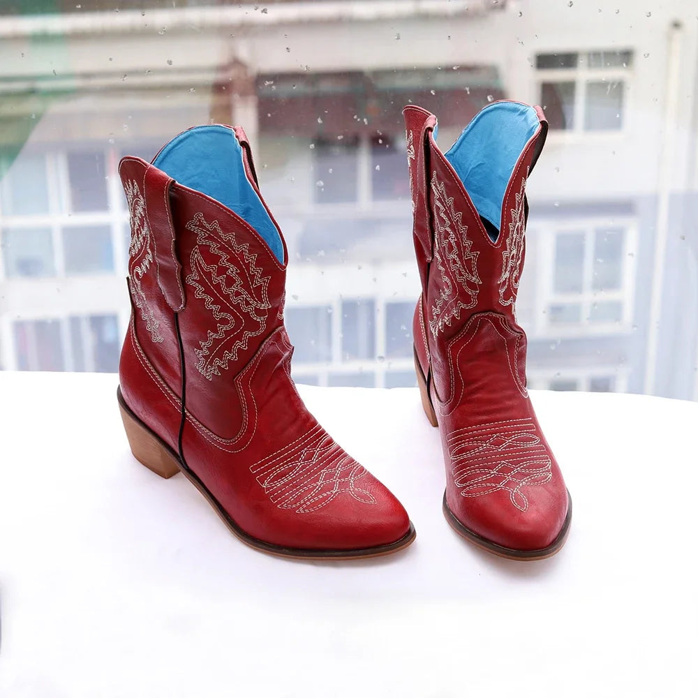 Women Cowboy Boots Luxury Embroidery Pointed Toe Winter Boots Ladies Shoes Comfortable Designer Botas Outdoor Skidproof Wearable