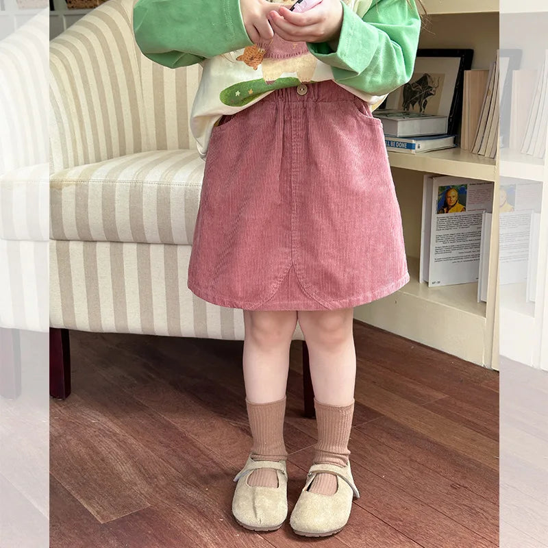 2025 Spring Children's Soft Pit Strip Cotton Corduroy Half Length Skirt for Girls Autumn Fashionable Versatile Short Skirt 2-16Y