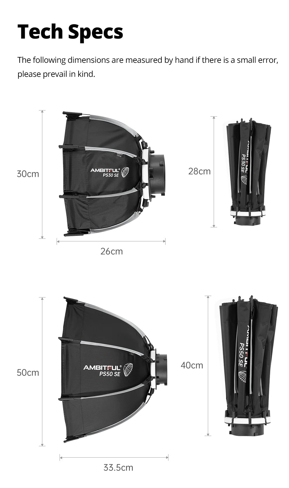 AMBITFUL PS30/PS50 SE 30cm 55cm mini Quickly Release Bowens Mount Octagon Softbox + Honeycomb Grid Outdoor SoftBox for LED Flash