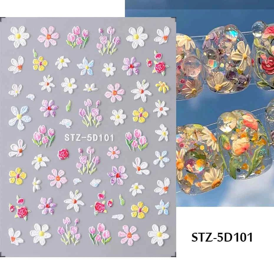 Daisy Dreams Nail Stickers - 5D White Flower & Bee Design, Self-Adhesive Acrylic Decals for DIY Manicure Magic