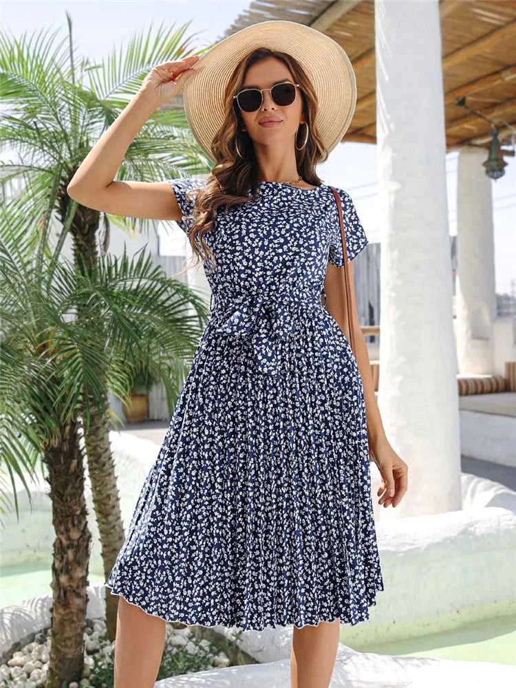 Msfilia Summer Print Pleated A Line Long Dress Women Short Sleeve High Waist Spring Round Neck Chic Dress with Belt The jack market .AU The jack market .AU Woman Fashion $ 88 14:200004870#Flower NavyBlue;5:100014065