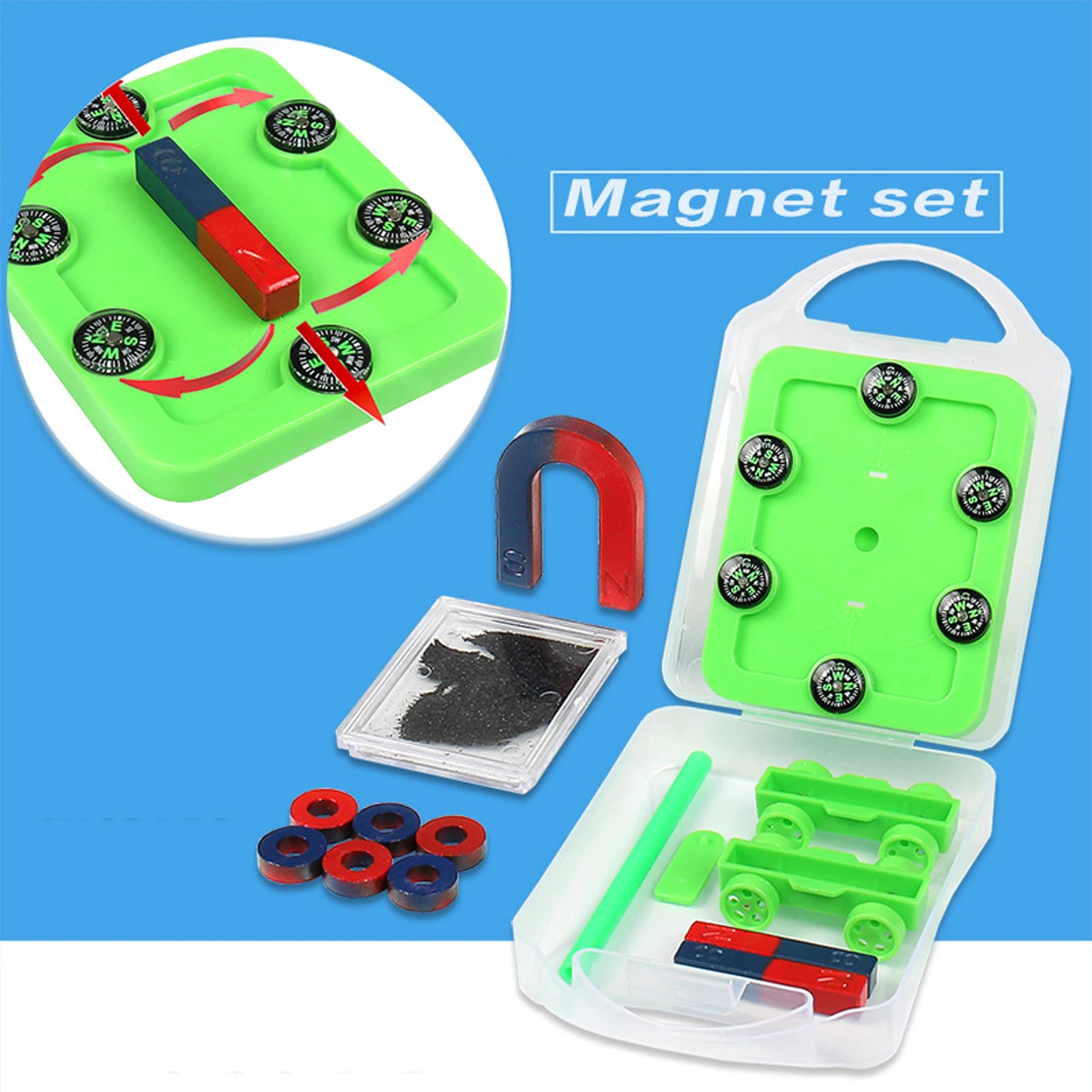 Science Magnet Set Basic Physics Principles Bar Ring Horseshoe Compass Children Educational Experiment Tools
