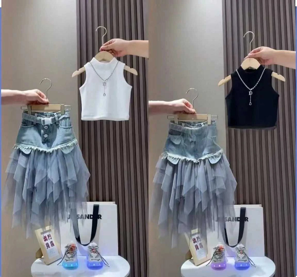 Girls' Summer New Set 2026 Korean Version Baby Girl Tank Top Mesh Splicing Cowboy Skirt Set Kids Summer Set The jack market .AU The jack market .AU Mum & Kids: Essential Products for Every Family $ 62 14:29#WHITE;200000463:200004189#110CM 4Years;200007763:201336100
