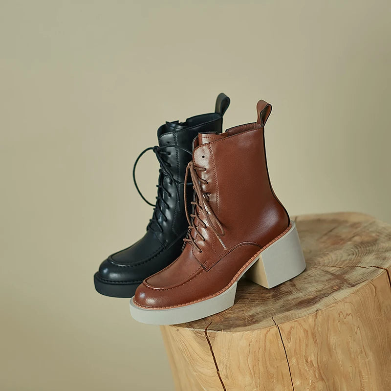 2024 Winter Women Shoes Genuine Leather Women Boots Platform Chunky Boots Women Solid Real Leather Women Shoes High Heel Boots
