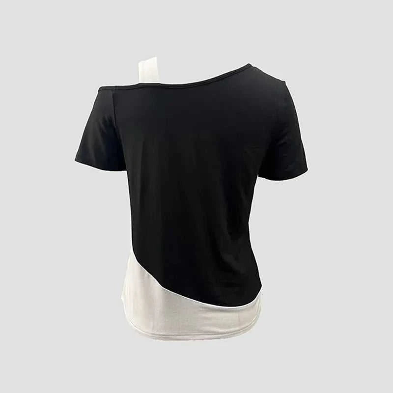 Chic Color Blocking Short Sleeved Women Solid Color Off Shoulder Asymmetric T-Shirt Female Summer Casual Tops The jack market .AU The jack market .AU Woman Fashion $ 57 14:193#pink black;5:361385