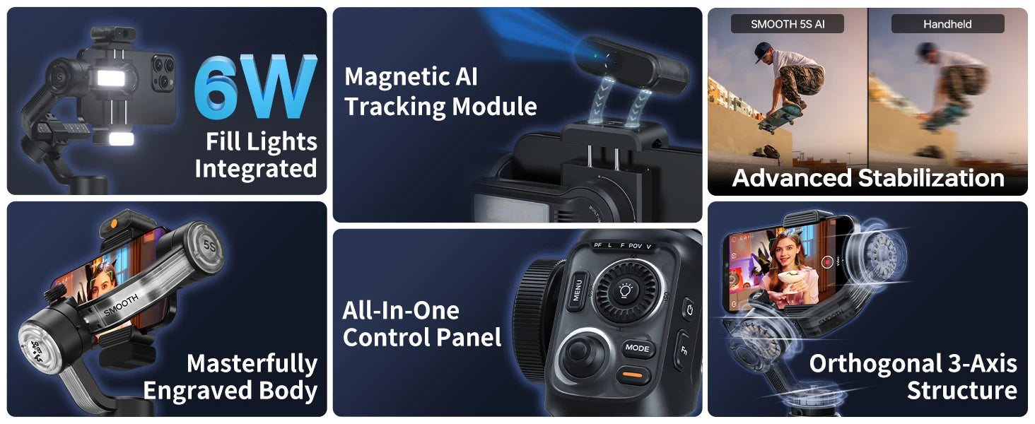 ZHIYUN Official SMOOTH 5S AI Smartphone Gimbal 3-Axis Gimbals Fill Light Phone Stabilizer for iPhone 15 Pro Max Android