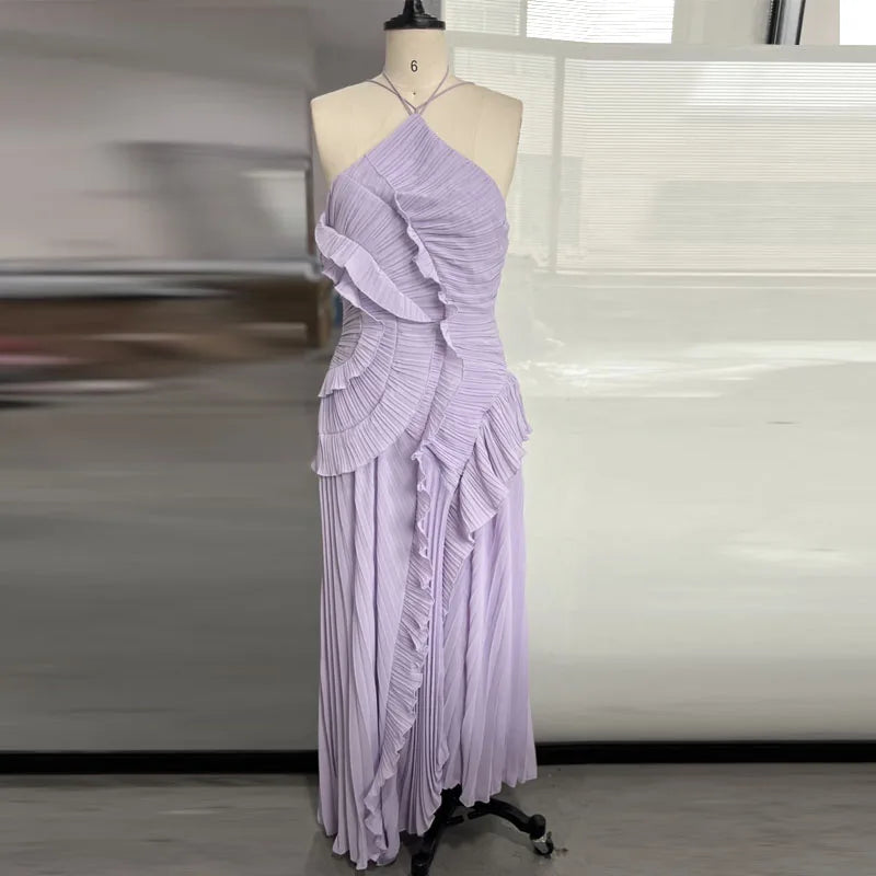 Elegant Affair Evening Gown - Ruffled Neck Strap, Backless Design, A-Line Silhouette, Perfect for Parties & Vacations