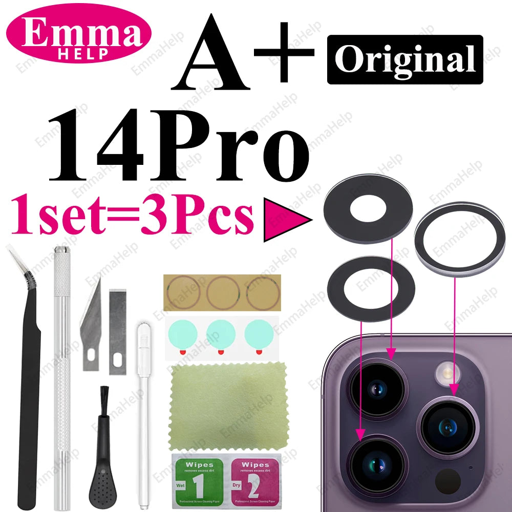 Sapphire Camera Lens Glass for iPhone 15/14/13/12/11 Pro Max Plus Mini - Complete Repair Kit with Adhesive