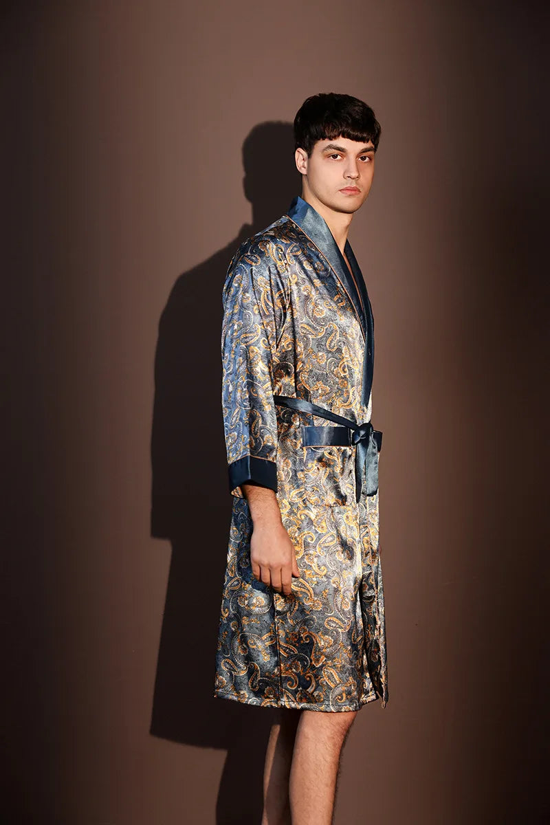 Men's Thin Bathrobe High Quality Nightrobes One-Piece Robe Male Loungewear Gents Spring and Autumn New Ice Silk Printed Pajamas