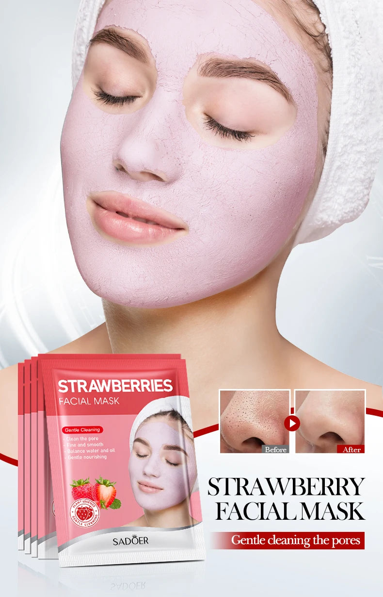 5pcs SADOER Strawberry Face Mask Mud Masks Facial Moisturizing Blackhead Removal Clay Skin Care Products