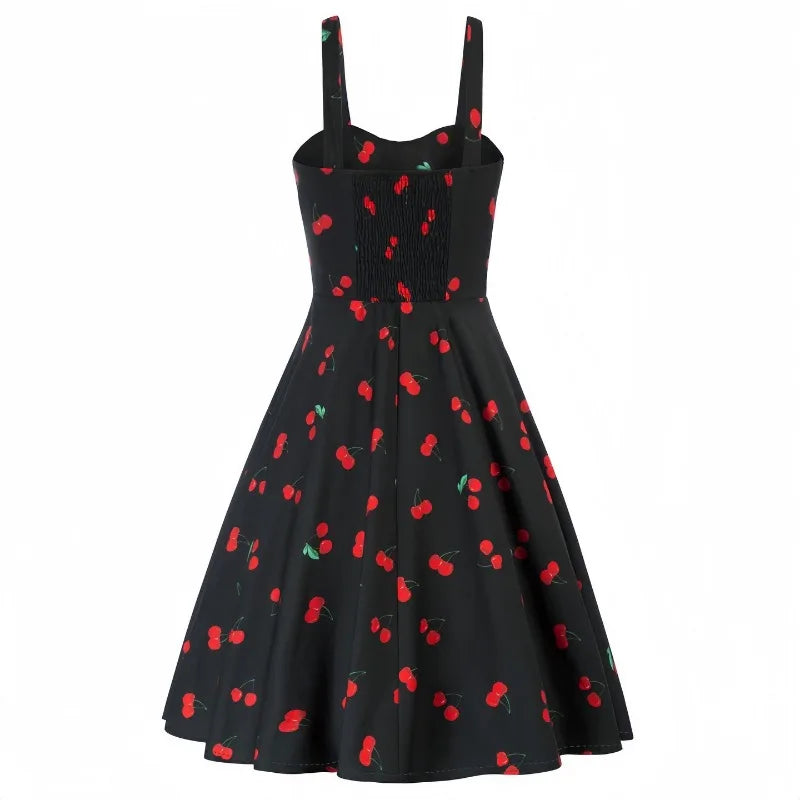 Vintage Charm Summer Midi Dress - Cute Print, Ruched Bust, High Waist for Effortless Beach Style