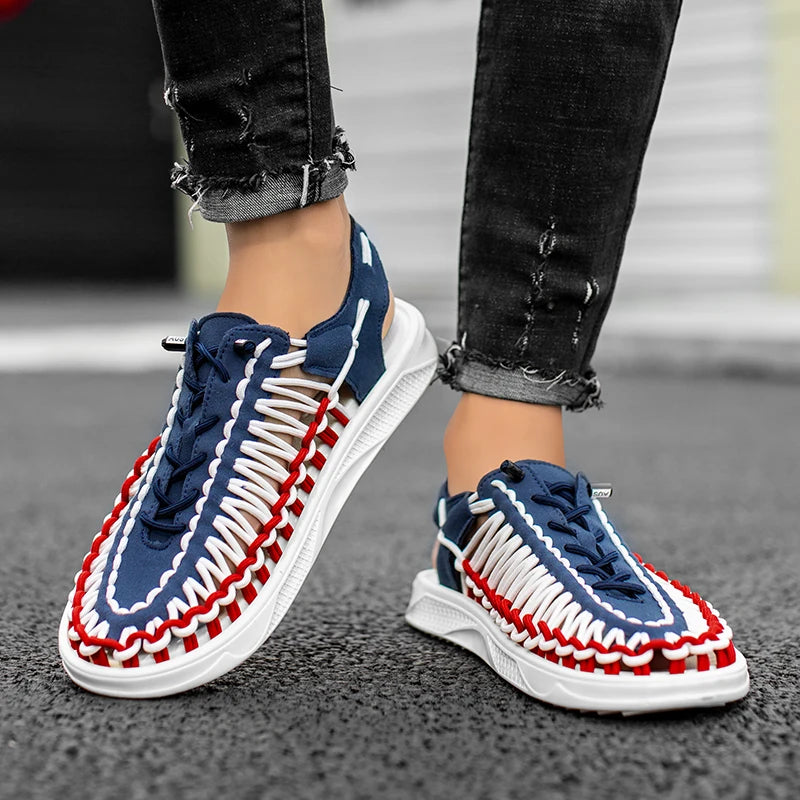 2023 Summer Men's  Sandals Lace Up Hand Woven Sandals Thick Soled Soft Non Slip Casual Shoes High Quality Couple Beach Shoes