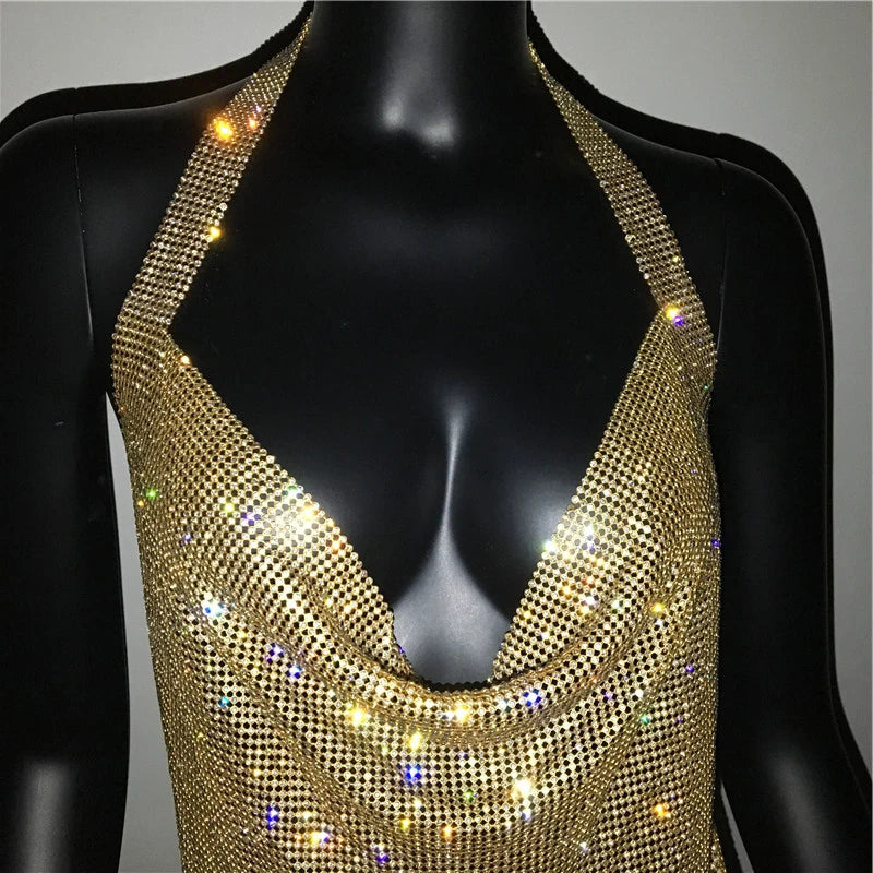 Bling Backless Rhinestone Dress - Sexy Deep V Neck, Sleeveless, Side Split Halter for Nightclub & Party