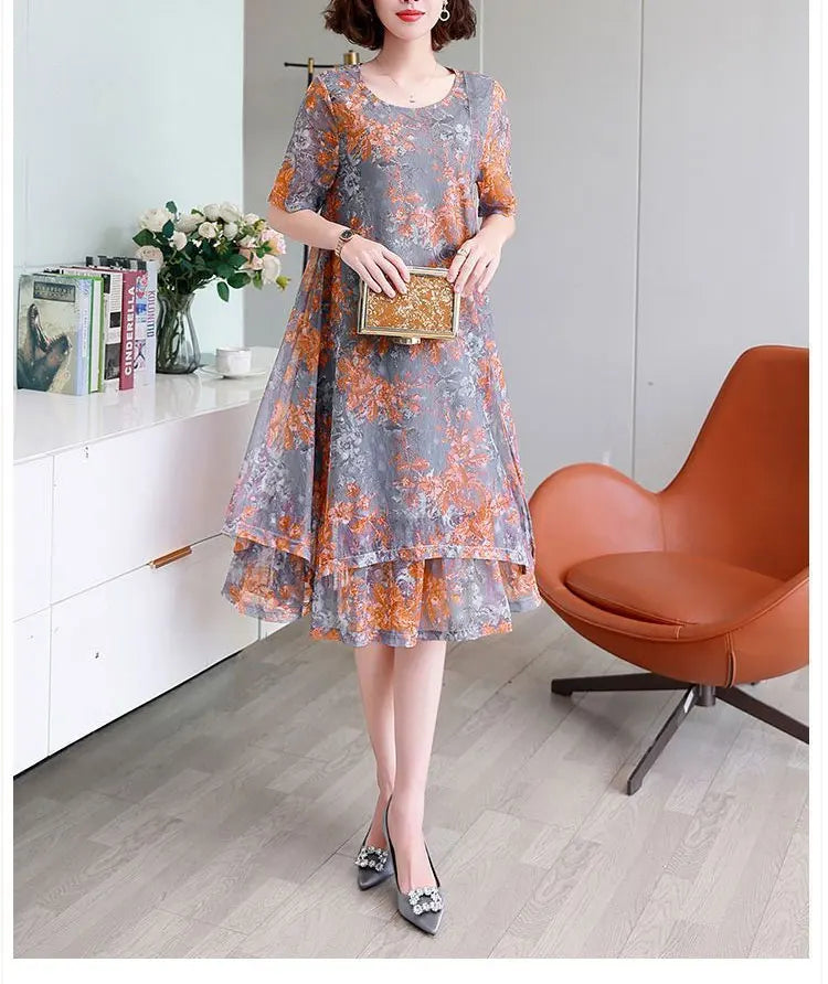 Fashion Casual Irregular Loose Midi Dress Female Clothing Commute Round Neck Summer Short Sleeve Gauze Patchwork A-Line Dresses
