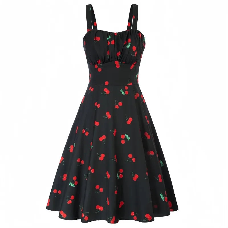 Vintage Charm Summer Midi Dress - Cute Print, Ruched Bust, High Waist for Effortless Beach Style