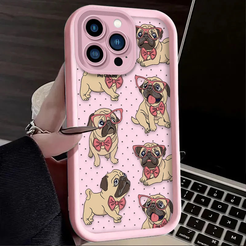 Cute Glasses Pug Dog Case For iPhone 16E 16 15 14 13 12 11 Pro Max X XS X S Max XR SE 2020 7 8 Plus Shockproof Silicone Funda