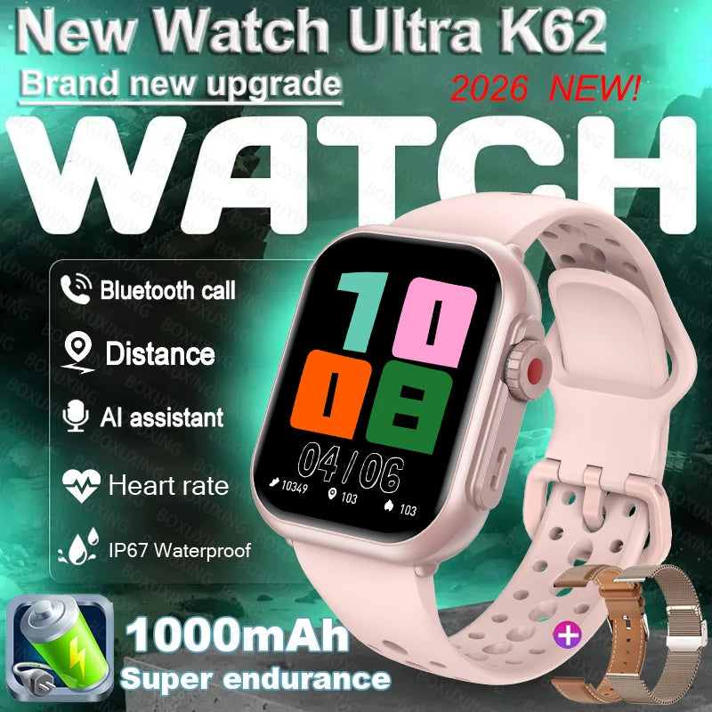 Ultra K62 1000mAh Battery AMOLED Smart Watch Heart Rate Men 100+Sport HD Bluetooth Call IP67Waterproof Women SmartWatch 2026 New
