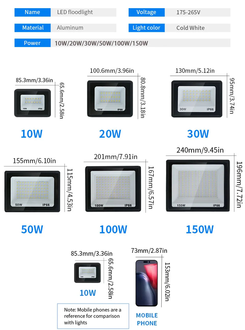 LED Flood Light 10W 20W 30W 50W 100W AC 220V LED Floodlight IP66 Waterproof Reflector Spotlight Street Light Outdoor Garden Lamp - Jack market 1988Jack Market 1988