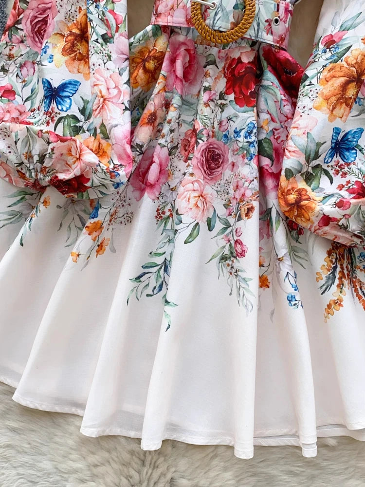 France Elegant Vintage Palace Evening Dress Women Sashes Button Print Short Party Dress Female Casual Chic Festival Clothing New