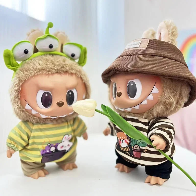For 38Cm Labubu outfit vinyl plush doll clothes for Korea Kpop Exo Labubu doll clothes striped animal shirt set