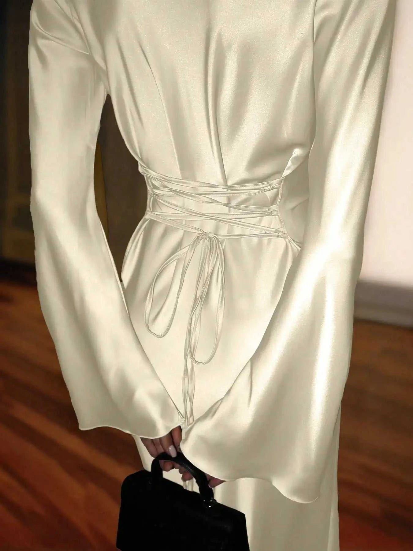 Women's Satin Maxi Dress – Corset Waist Tie, O-Neck & Flared Sleeves | Bohemian Evening Dress The jack market .AU The jack market .AU Woman Fashion Dress $ 70 14:1052;5:4182