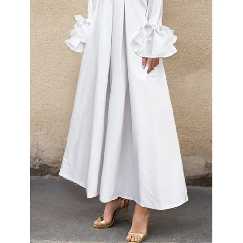 Women Elegant Church Maxi Dresses 2024 New Autumn Flared Sleeves Black White Color Pleated Lapel Evening Shirts Dress