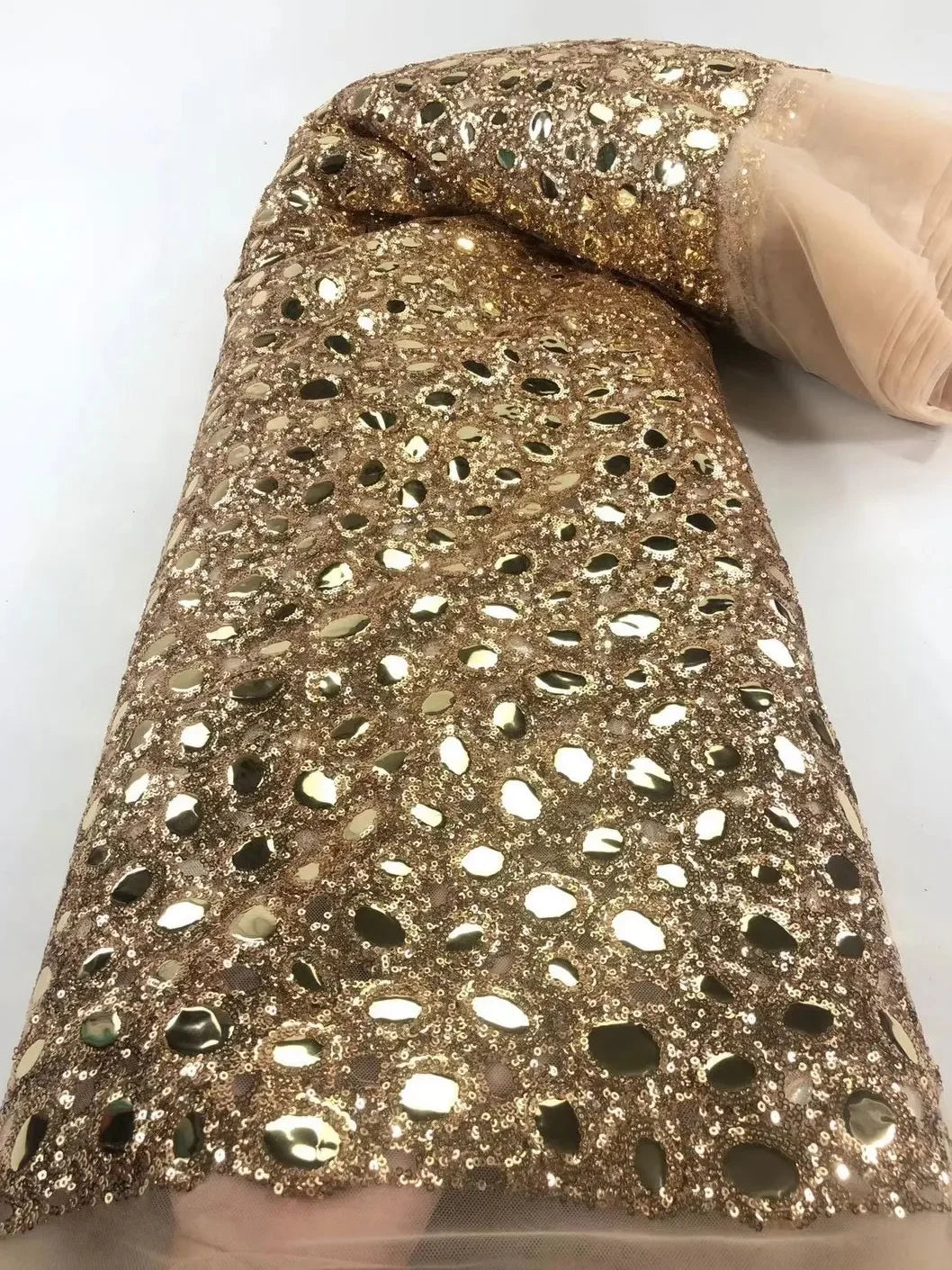 Elegant Couture Gold African Lace Fabric - Stunning Sequins & Embroidery - 5 Yards for Wedding Dresses