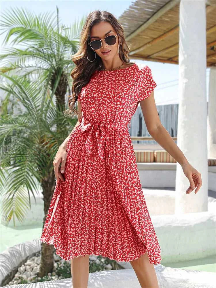 Msfilia Summer Print Pleated A Line Long Dress Women Short Sleeve High Waist Spring Round Neck Chic Dress with Belt The jack market .AU The jack market .AU Woman Fashion $ 88 14:200004870#Flower NavyBlue;5:100014065