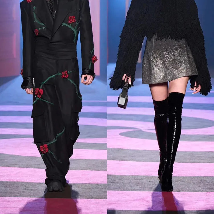 Women's Pointed Tiger Teeth Heel Knee High Elastic Boots Fashionable Over-the-Knee Super High Heel Banquet Show Shoes Autumn Winter