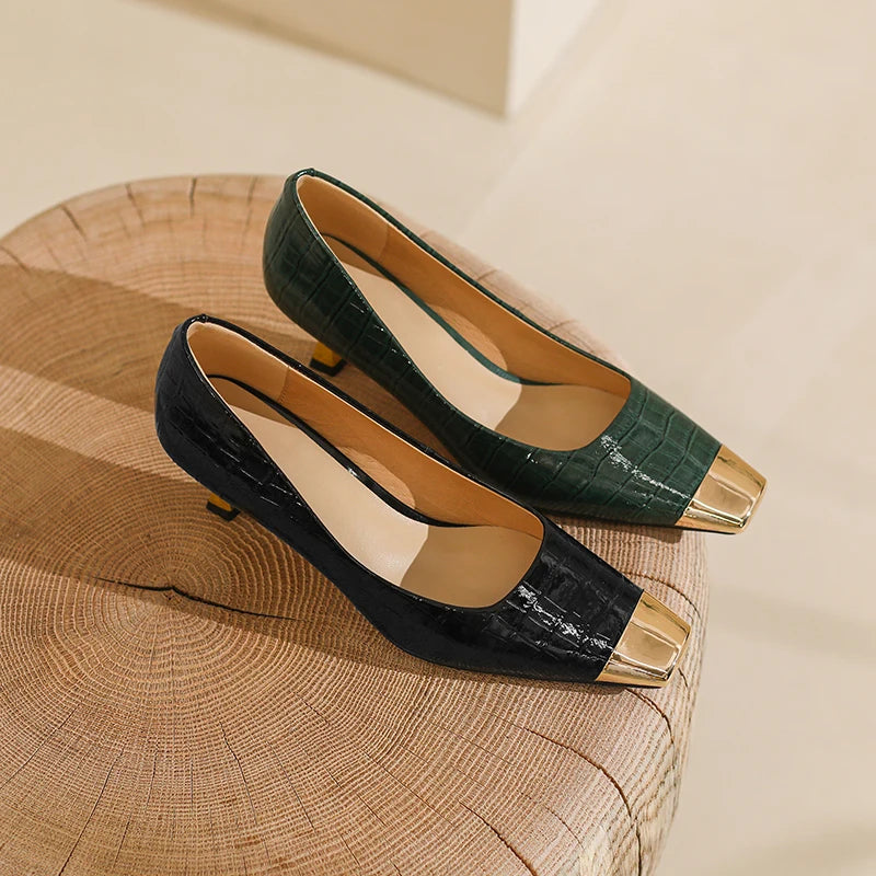 【JOCHEBED HU】Brand New Shoes Metal Square Toe Women Pumps Patchwork Genuine Leather Thin High Heels Ladies Footwear Plus 34-43
