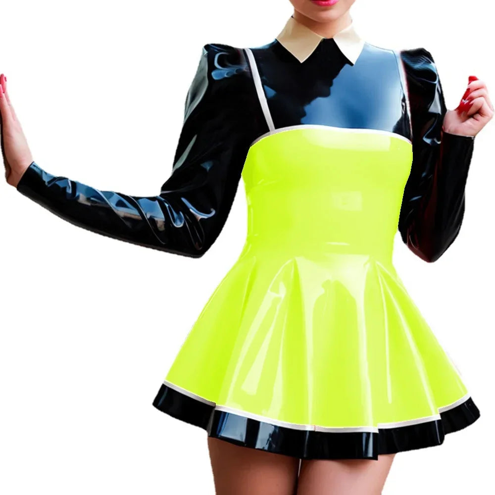 Curvy Couture Plus Size A-Line Patchwork Mini Dress - Long Puff Sleeves, PVC Leather for Night Out Style