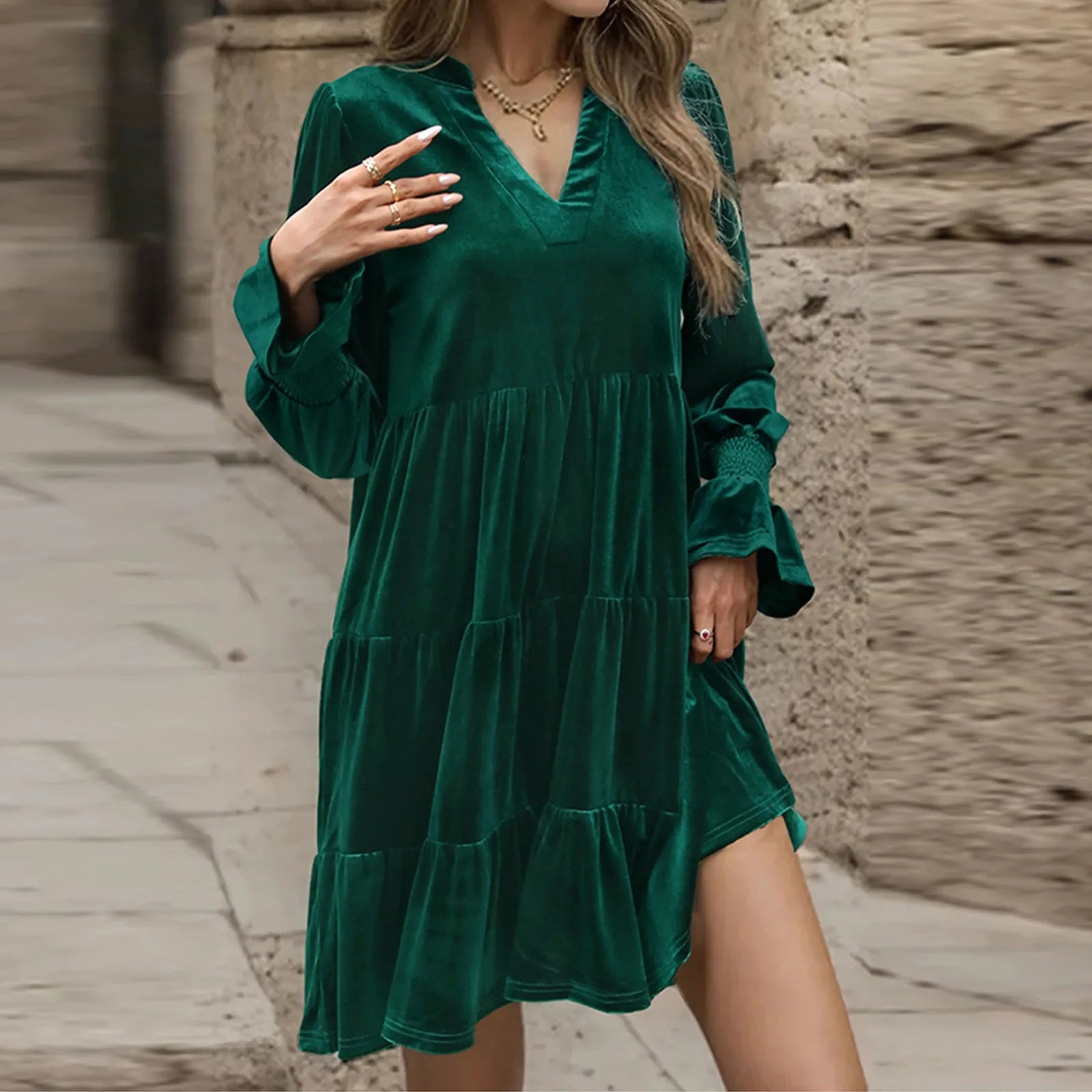 Elegant Vogue Velvet Midi Dress - Long Sleeve V-Neck, High Waist, Chic Style for Evening Parties & Christmas Celebrations