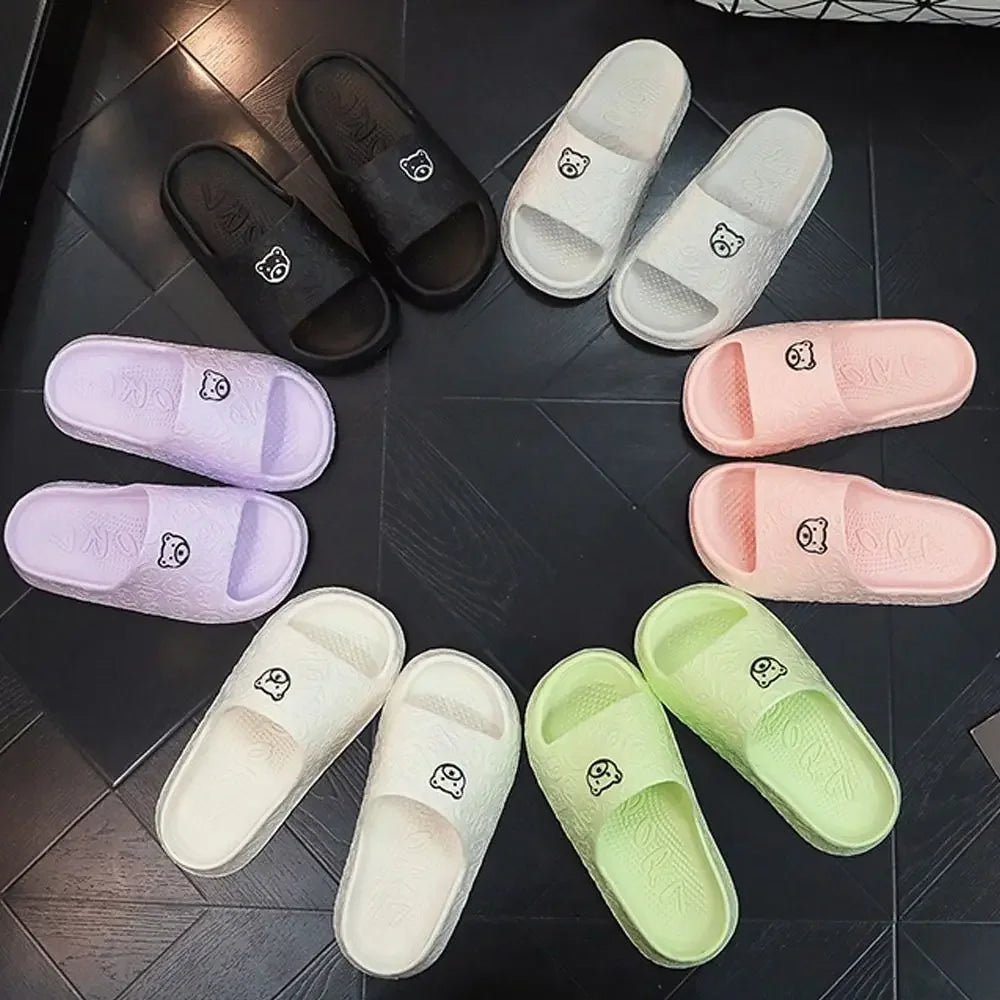Women's Flat Slippers Solid Color Bathroom Slippers Home Use Couple Sandals Cute Bear Decoration Outdoor Beach Sandals