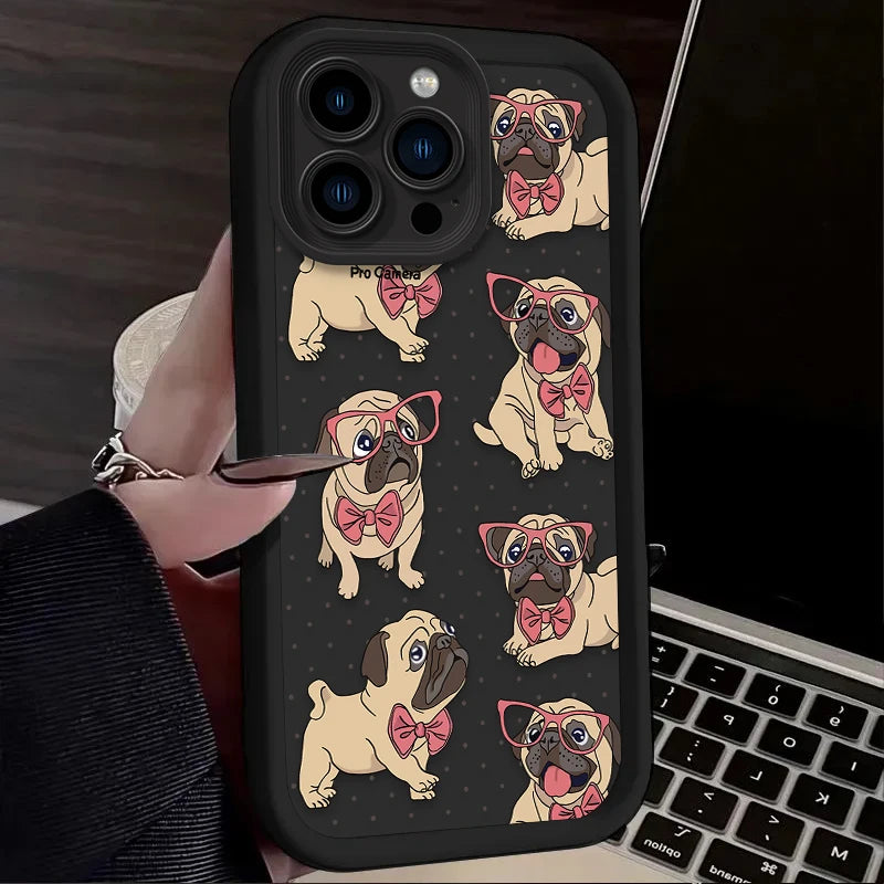 Cute Glasses Pug Dog Case For iPhone 16E 16 15 14 13 12 11 Pro Max X XS X S Max XR SE 2020 7 8 Plus Shockproof Silicone Funda